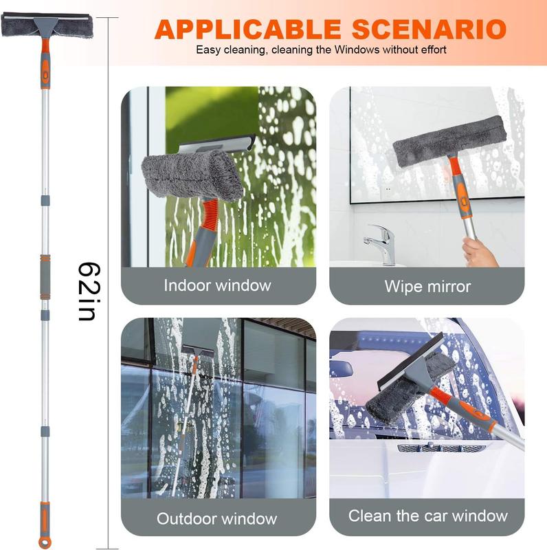 Professional Window Squeegee Cleaner, 2 in 1 Shower Squeegee with Extension Pole, 62‘’ Telescopic Window Washing Equipment with Bendable Head, Glass Cleaning Tools for Indoor/Outdoor High Window