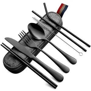 Portable Cutlery Set, 8 Counts/set Including Knife, Fork, Spoon, Chopsticks & Cleaning Brush & Straw, Camping Kitchenware Set. Reusable Travel Utensils with Case for Work Lunch Box, RV Road Trip, Eco-Friendly Meal Prep & Dorm Essentials