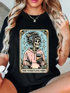 100% Cotton Vintage The Wrestling Mom Tarot Card Skeleton Mama Mom T-Shirt