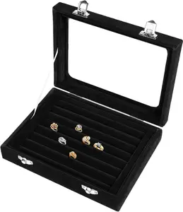 Jewelry Box Rings Organizer Tray 7 Slots Velvet Jewelry Earring Storage Box with Transparent Lid Jewelry Display Case for Girls Women (Black) EONGOA