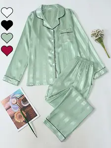 Women's Elegant Striped Jacquard Long Sleeve Pajama Set, Luxurious Comfort Soft Sleepwear Loungewear, Fashionable and Cozy, Comfy Pyjama Set, Satin Fabric, All Seasons, Pajamas Sleepwear, Soft Lounge Sets