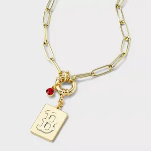Bijoux Sport by Luv Aj MLB Gold Dog Tag Cubic Zirconia Charm Necklace - Boston Red Sox: Brass Chain, Lobster Claw Clasp, 16" Length