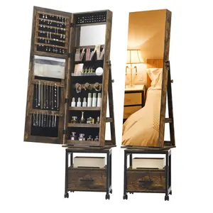 GARVEE 360° Swivel Jewelry Armoire, 66" H Floor Standing, Full Length Mirror, Makeup Vanity, Brown, Lockable Wheels, Suitable for Bedroom
