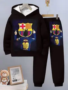 Boys' Barcelona 3D Printed Hoodie Set, Long Sleeve Casual Sportswear, Spring & Fall Football Fan for Ages 5-14