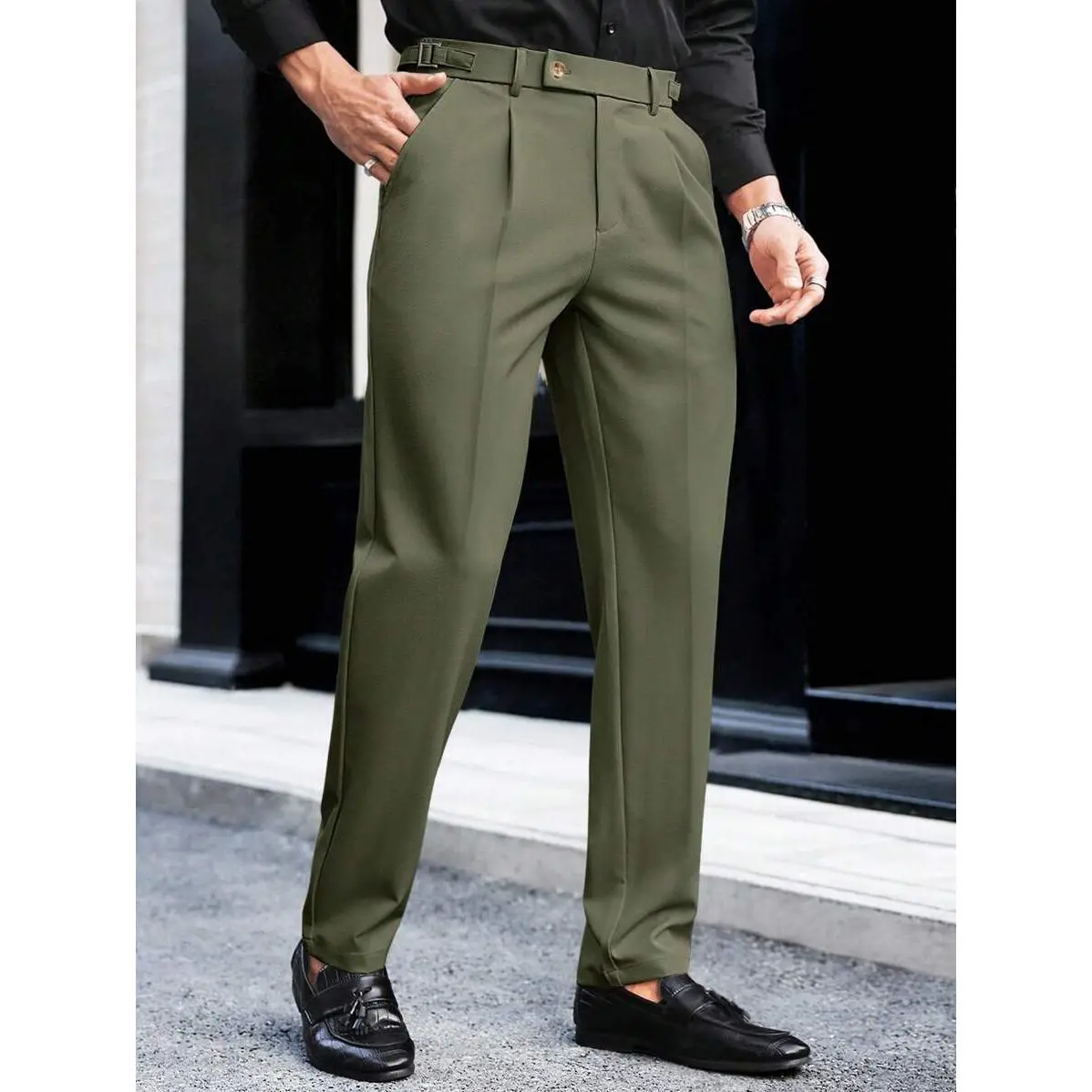 Manfinity Bizformal Men's Solid Color Pleated Pocket Straight Loose Casual  Pants Olive Green Pants Men Men Pleated Suit Pants - TikTok Shop