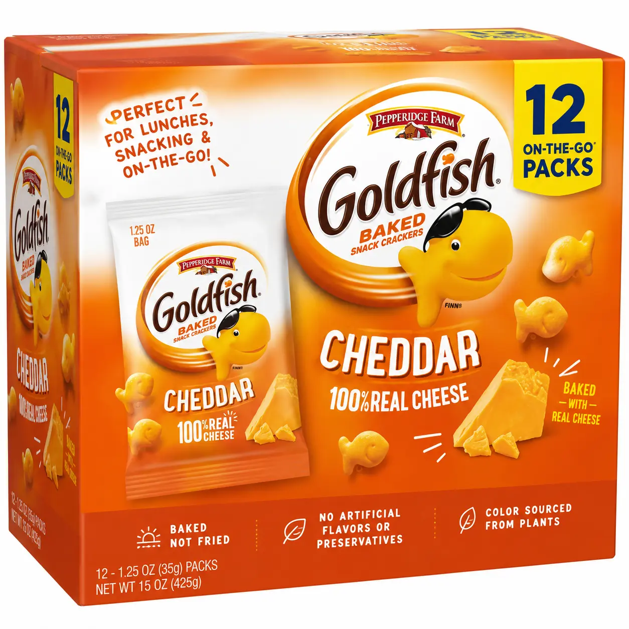 Pepperidge Farm Goldfish Cheddar Crackers, 1.25 oz Individual Bags (12-Pack) – Baked Snack Crackers Made with Real Cheese, On-the-Go Lunch & Snack Packs