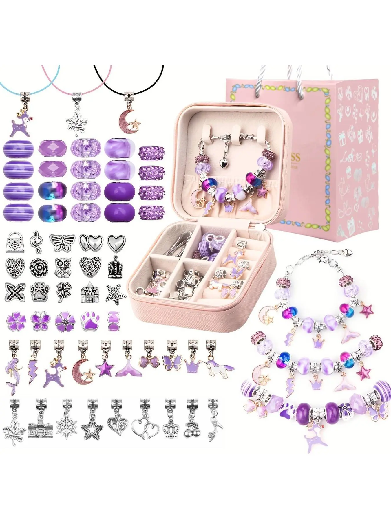 DIY Jewelry Making Kit with Jewelry Box, Gift Bag, 66pcs/set Unicorn, Mermaid Beads Design Bracelet Making Kit, Girls DIY Jewelry Materials, Jewelry Making Supplies, DIY Jewelry Accessories, Diy Beading, Diy Craft Set