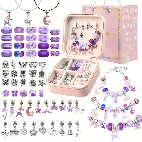DIY Jewelry Making Kit with Jewelry Box, Gift Bag, 66pcs/set Unicorn, Mermaid Beads Design Bracelet Making Kit, Girls DIY Jewelry Materials, Jewelry Making Supplies, DIY Jewelry Accessories, Diy Beading, Diy Craft Set