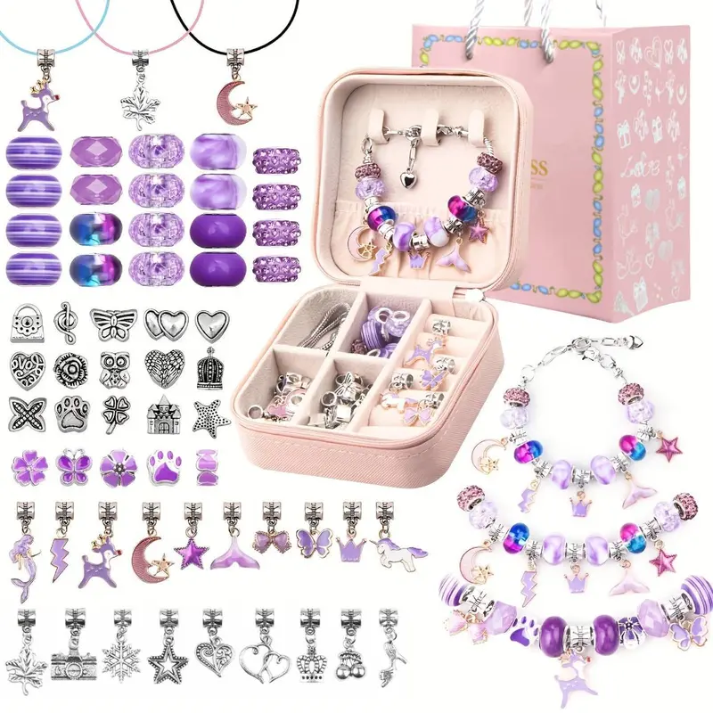 DIY Jewelry Making Kit with Jewelry Box, Gift Bag, 66pcs/set Unicorn, Mermaid Beads Design Bracelet Making Kit, Girls DIY Jewelry Materials, Jewelry Making Supplies, DIY Jewelry Accessories, Diy Beading, Diy Craft Set