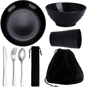 Camping Utensils, Portable Travel Silverware Set With Reusable Light Weight Mug, Bowls and Plate, Stainless Steel Cutlery Set, Camping Mess Kit for 1 Person