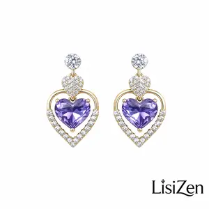 LisiZen 2026 Gold Plated Purple Zircon Heart Drop Earrings, Geometric Crystal Dangle Jewelry DZEH6150