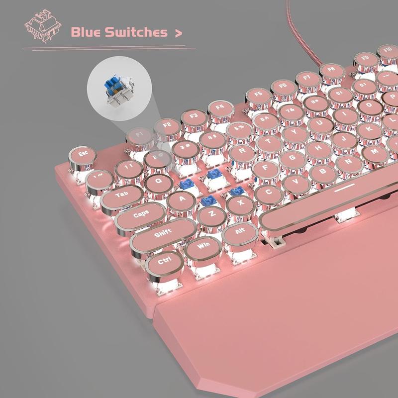 Typewriter Mechanical Gaming Keyboard, Retro Pink Punk Round Keycaps LED White Backlit Wired Keyboards with Detachable Wrist Rest for  and Office, for Windows Laptop PC  - Blue Switches
