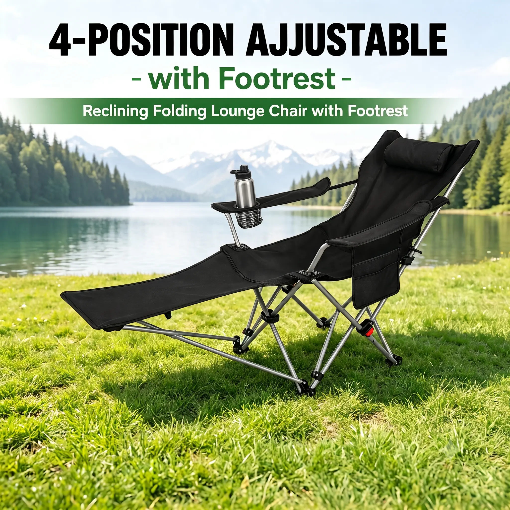 Heated 4-Position Adjustable Reclining Outdoor Folding Lounge Chair with Detachable Rest, Footrest, Headrest, Cup Holder - Camping Accessories, Outdoor Lounging, Max Load Bearing-5644