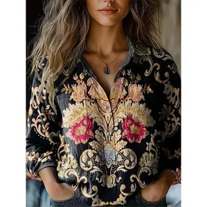 1pcWomen'sBohemianPrintLongSleeveShirt,CasualPolyesterBlendwithElastane,All-SeasonLapelCollarButton-UpTop,WomenswearBlouseFitBlackFabricWovenFitted