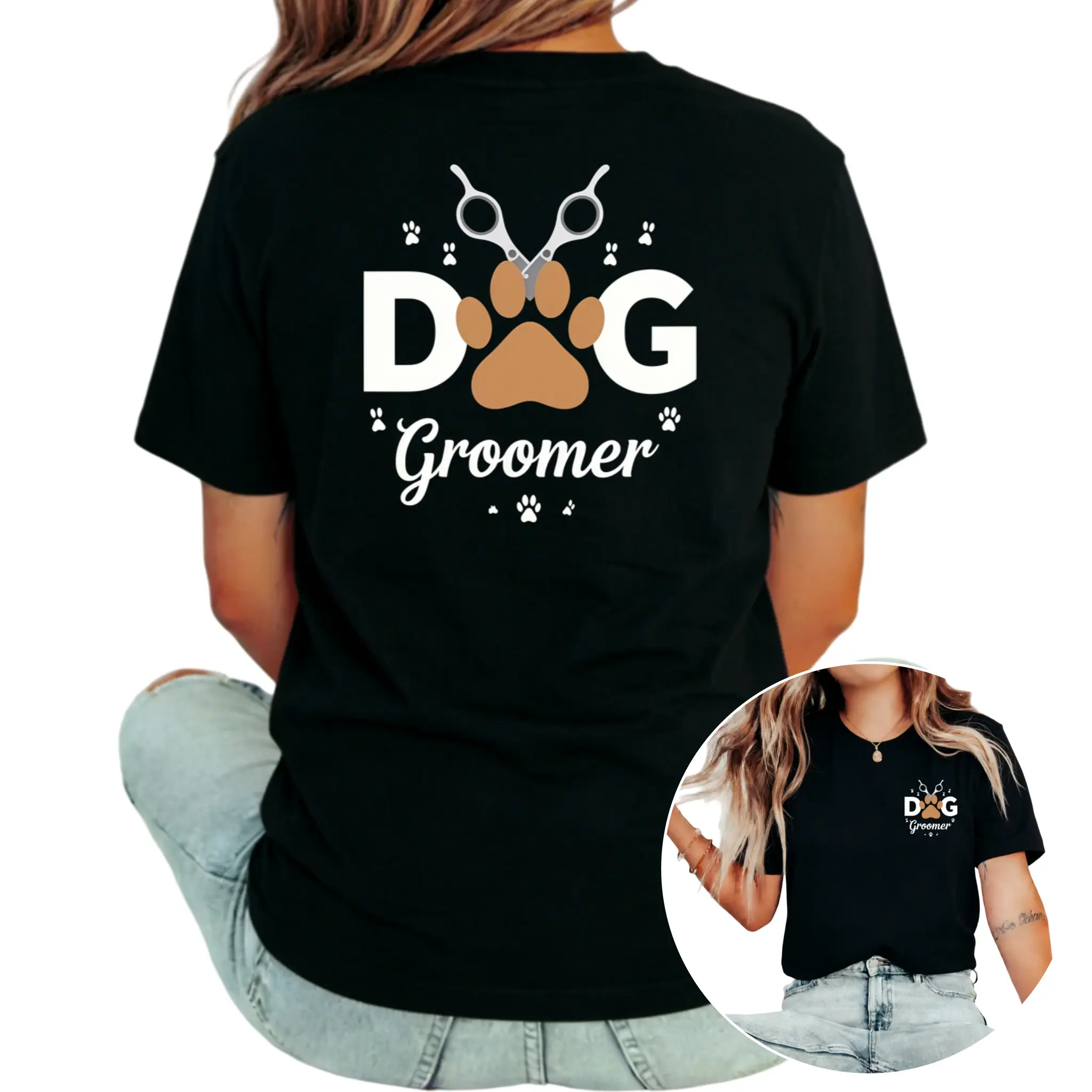 Women's Dog Groomer T-Shirt - 100% Paw Print & Grooming Tools Design (Scissors, Comb, Brush) - Casual Workwear for Pet Professionals, Dog Trainers & Groomers - Black with White Dog Bone Cotton Fashion
