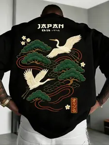 Trending Viral Japanese Crane & Pine Embroidered Jacket White Traditional Ukiyo-e Style Crane/Pine/Flower Embroidery + Kanji Text Oversize Fit Soft Cotton Blend Fabric Casual/Kimono/Streetwear Essential Unisex Aesthetic Outerwear Must-Have Japanese Cultur