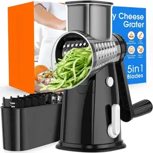 Rotary Cheese Grater Hand Crank with 5 Interchangeable Blades, Vegetable Chopper Spiralizer Slicer for Fruit Vegetable Nuts, Mandoline Slicer for Kitchen with Blades Rack & Suction Base, Black