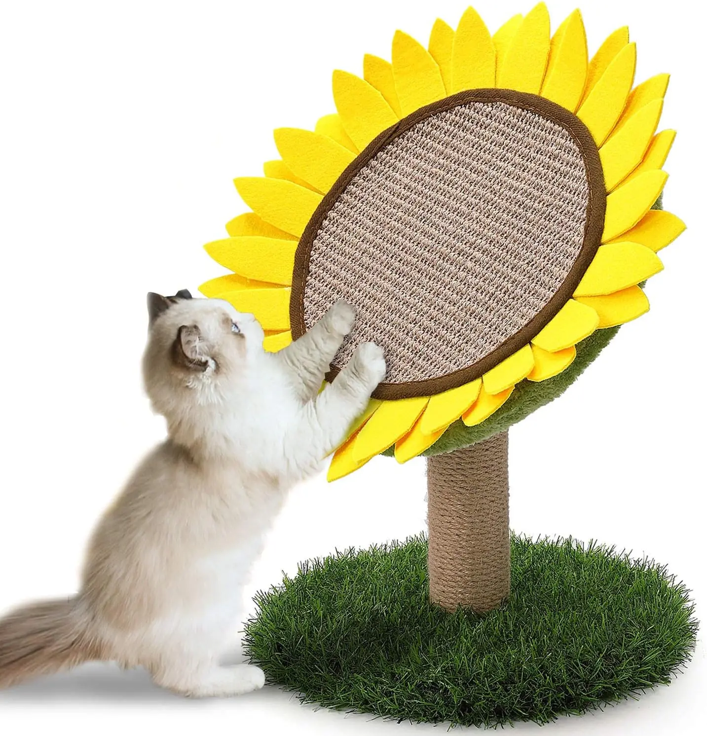 Sunflower Cat Scratching Post - 18x12 in Natural Sisal & Cardboard Scratcher, Cute Sunflower Shape Interactive Toy for Cats, Easy to Assemble with All Tools, Furniture Guard, Interior Decor Piece