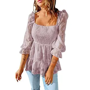 USED-Womens Tops Dressy Casual Long Sleeve Patchwork Oversized Tops V-Neck Printed Flouncing Flared Blouse Top Pink by Unknown Author (Paperback)