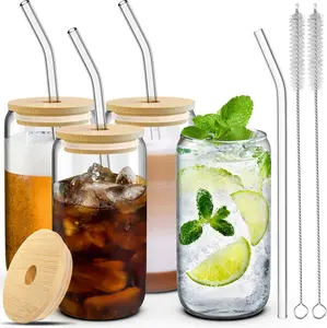 4 sets of 16 ounce glass cups with lid and straw, glass drinking set, ice coffee cup with bamboo lid, glass tumbler with straw and lid, glass jar drinking glassware with 2 brushes