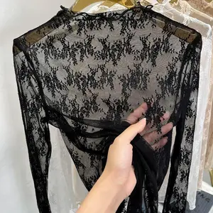 Women's Black High-Neck Lace Turtleneck - Sheer Mesh Top, Sexy Polyester Blend, Regular Length, Spring/Autumn Fashion, Lace Detail, Knit Fabric - For Women - Perfect for Casual & Party Occasions - Ideal Gift for Fashionable Ladies
