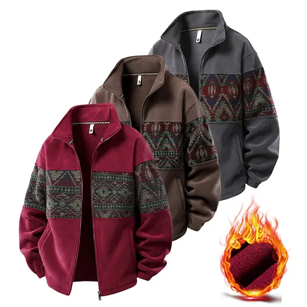 Men’s vintage capless fleece zip-up jacket featuring Navajo Apache tribal geometric print patchwork and a stand collar; thick, warm fleece long-sleeve outerwear for autumn/winter, Western casual streetwear hoodie-style jacket.