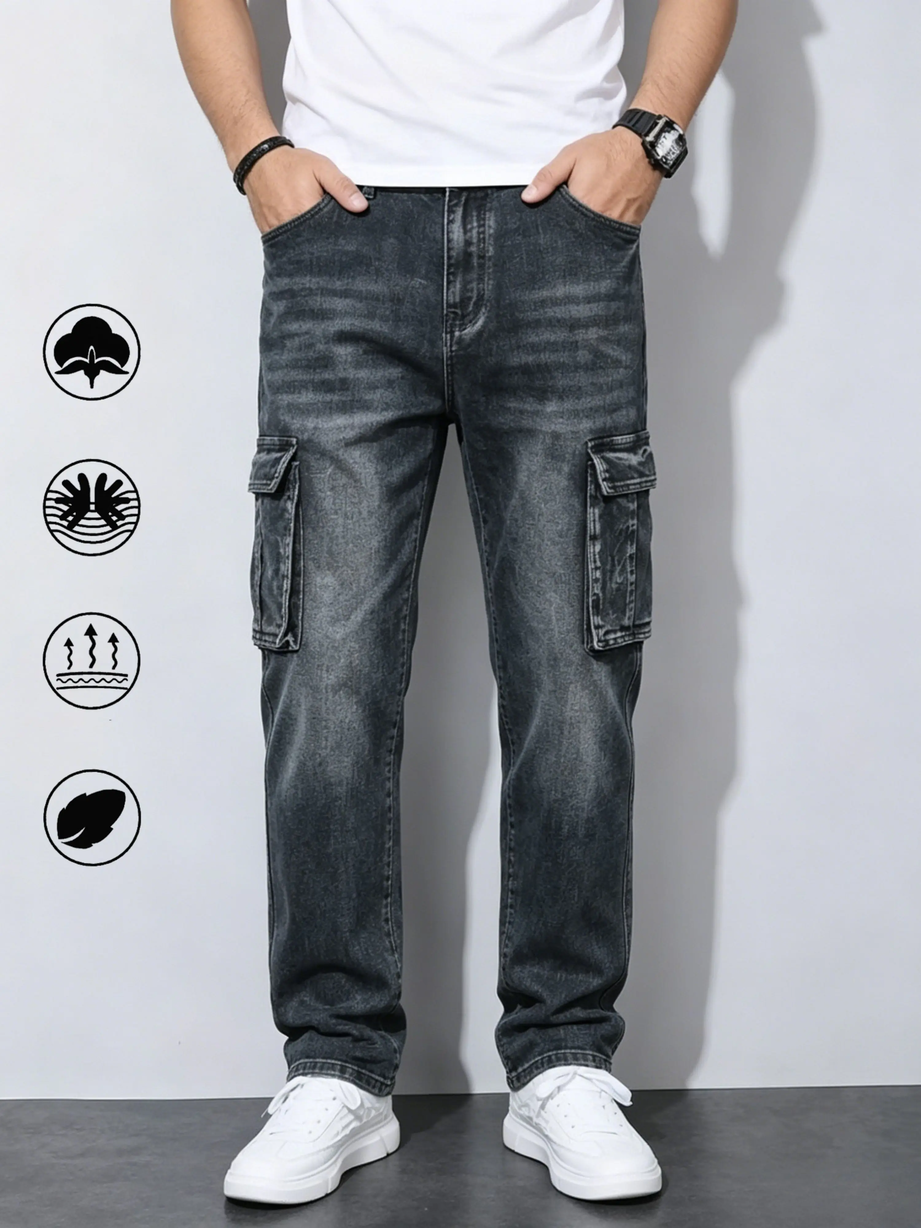 American workwear-style washed denim jeans for men — straight cut, wide leg, multiple pockets, rugged cool long pants