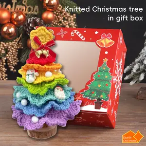 Handmade Knitting Rainbow Stripe Tree-Shape Mini Christmas Tree, Gift-Boxed Vibrant Festive Knit Ornament, Home Holiday Table Decoration for Friends