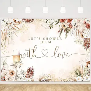 Boho Bridal Shower Backdrop Floral Romantic Style Polyester Fabric Photography Background Wrinkle Resistant HD Print Engagement Party Decor Photo Booth