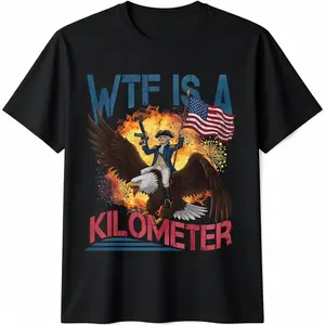 WTF Is A Kilometer Funny 4th Of July Graphic Tee For Men, Oversized Vintage American Eagle Founding Father T-Shirt. Classic Crewneck Short Sleeve Patriot Independence Day Top, Retro Geometric USA Meme Apparel, The Best Gift For Summer Casual Streetwear!