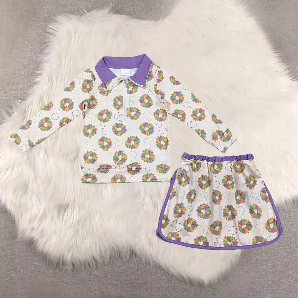 New Clothes Kids Girls Mardi Gras Donut Pullover Skirt Set Purple Yellow Green Colorful Clothing Outfit for Children