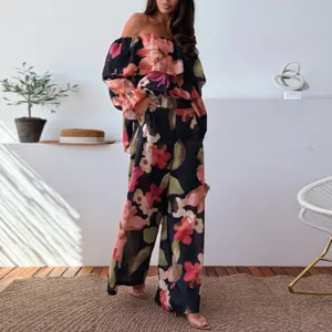 ChicMe Women's 2 Pieces Outfit Floral Print Elastic Off Shoulder Ruffle Cuffs Top and Casual Elastic Back Waist Wide Leg Pants Set