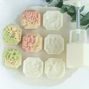 4Pcs/Set 50g Koi Flower Mooncake Mould Square Mid-Autumn Festival Pastry Mould Narcissus Lotus Pattern Chinese Style Baking Mold