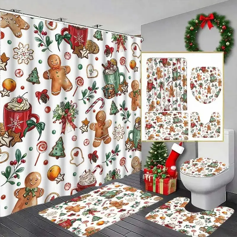 1/4pcs Christmas Gingerbread Man Waterproof Pretty Aesthetic Shower Curtain Set, Includes Toilet Seat Cover, Rectangle Mat, U-Shaped Pad, Perfect Bathroom Decor, 12 Hooks Included, Bathroom Decoration Accessories