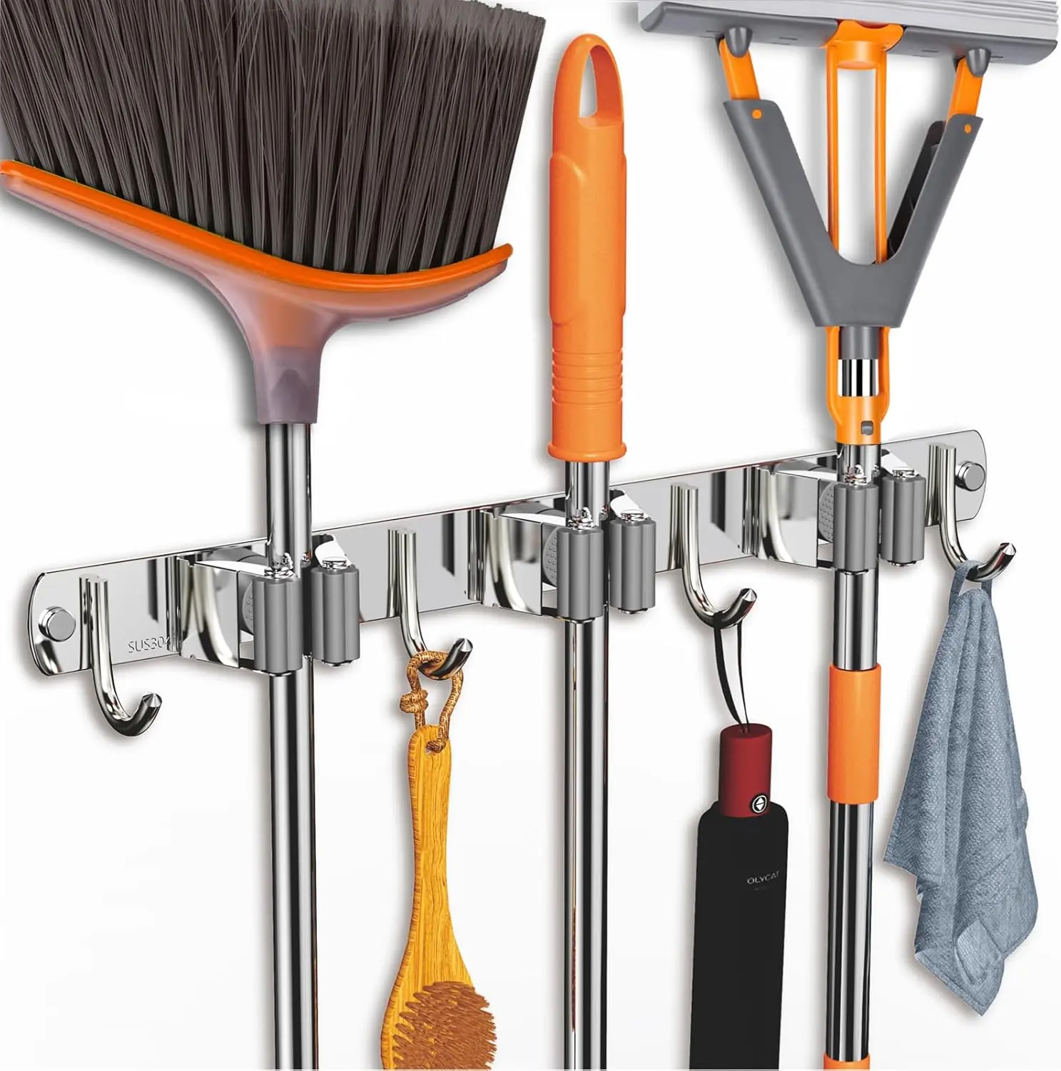 Stainless Steel Wall-Mount Mop and Broom Holder Set (2-Pack), Polished Metal Home Organizer with 3 Adjustable Racks, 4 Hooks, Durable Laundry & Household Tool Storage for Home, Garage