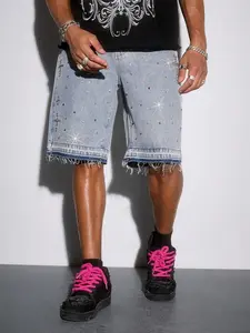 MEN Street Crystal Rhinestone Decorated Frayed Edge Casual Denim Shorts