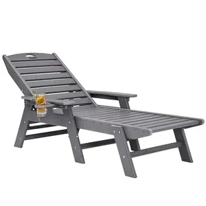 【Summervibes】VEVOR Chaise Lounge Chair, 400 lbs Weight Capacity, 6 Positions Adjustable Patio Lounge Chair, Outdoor HDPE Lounge Chair with Backrest & Cup Holder, for Pool Poolside Deck Backyard Lawn, Gray