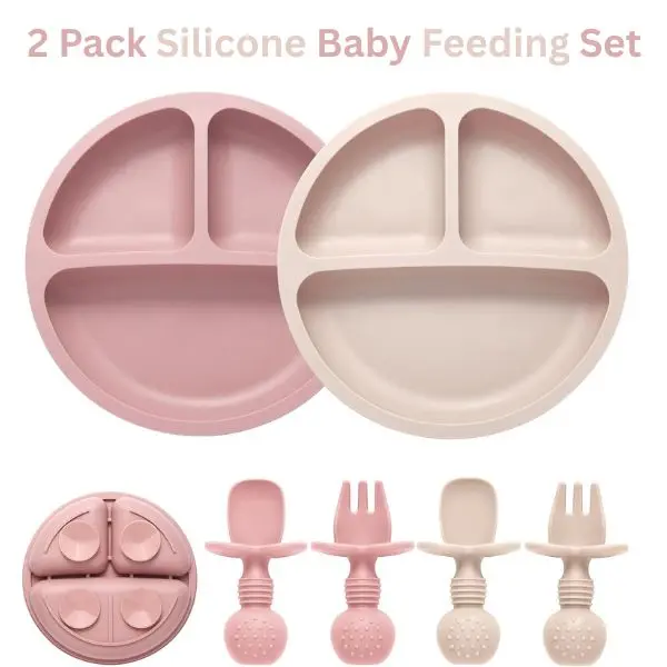 2-Pack BPA-Free Silicone Baby Feeding Set - Suction Divided Plates, Spill-Free Toddler Spoon & Fork, Non-Slip Baby Led Weaning Dinnerware Supplies, Spill-Free Baby Utensils