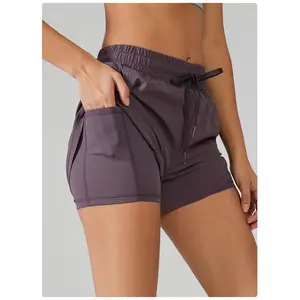 High waist drawstring sports shorts women's thin fitness pants running anti-light fake two-piece yoga shorts