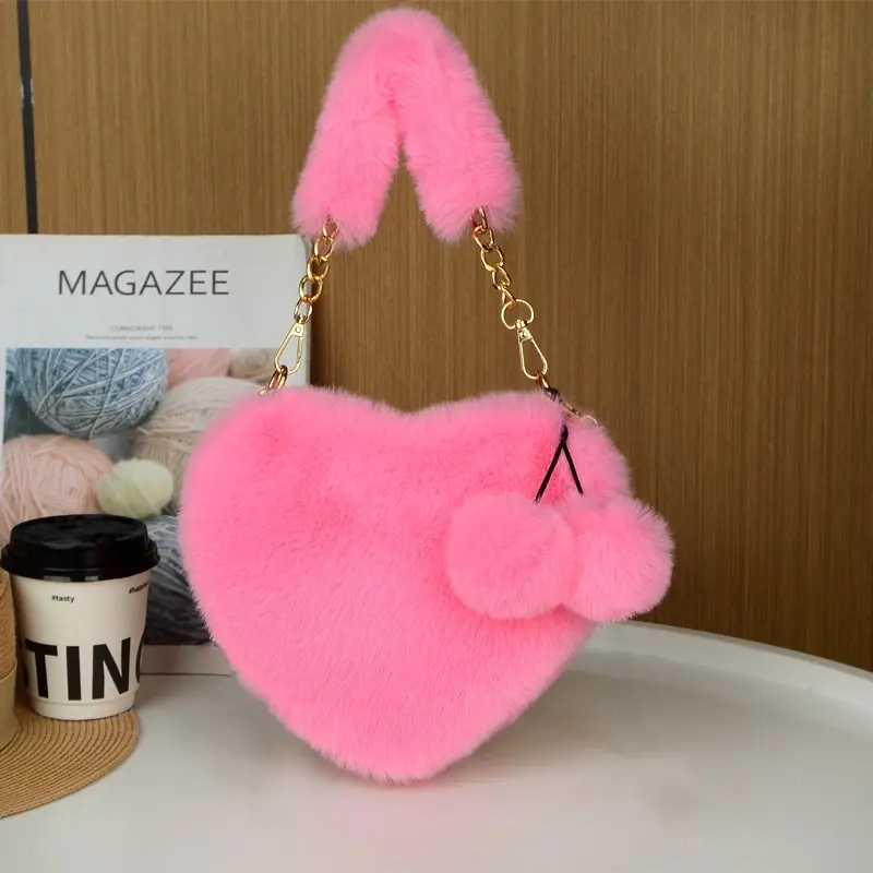 Autumn Winter Heart Plush Underarm Bag for Girls Furry Purse Handbags for Women Cute Fluffy Fuzzy Shoulder Bag