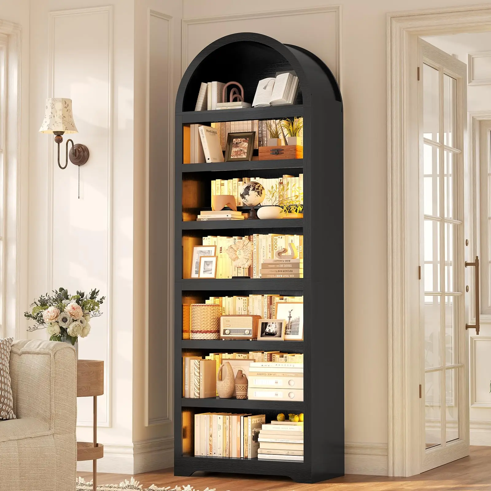 79.4" Arched Cabinet, Bookcase with RGB Light & Adjustable Shelf ,  Modern 7-Tier Bookshelf with Book Risers for Living Room, Kitchen, Home Office, Black
