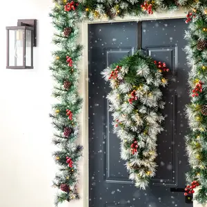 Glitzhome Greenery Christmas Garland/Wreath/Teardrop with Warm White Lights(Includes Timer)
