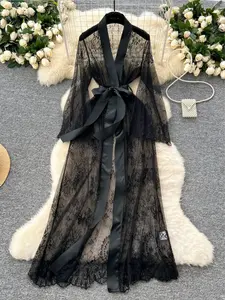 Women's robe and Belt, Transparent sexy lace robe See-Through Sheer Seductive Pajamas, Everyday, Valentine's Day.sexy Lingerie Loungewear Nightwear Long Sleeves Chic, Relaxation Wear, Snuggle Ready, Sleep Easy