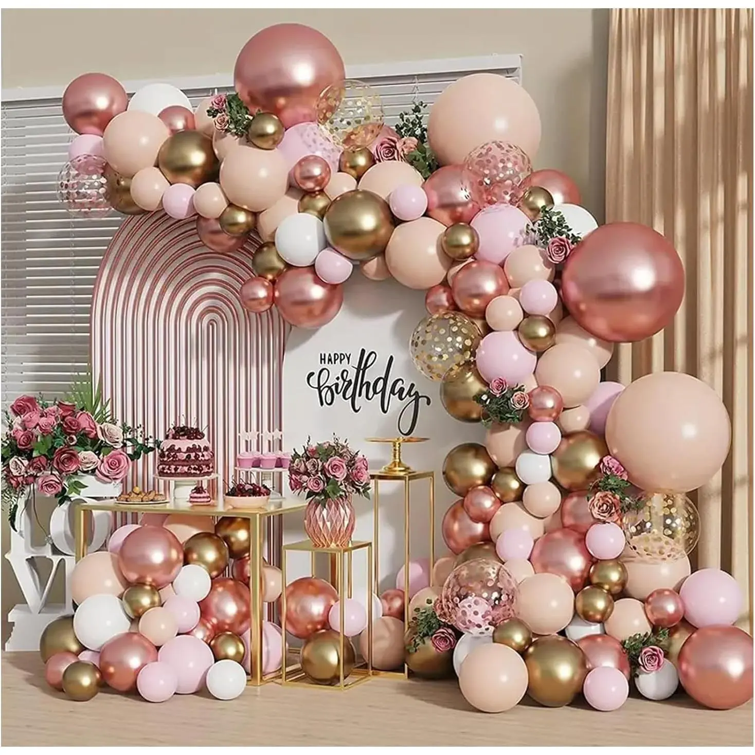 Rose Gold Balloon Garland Kit with Tape & Backdrop - Nude Pastel Pink, Metallic Gold, Matte White, Confetti Balloons for Wedding, Girl Birthday Party Decorations