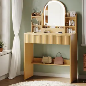 TOKSOM Vanity Desk with Mirror and Lights,Small Makeup Vanity Desk with Charging Station,Bedroom Vanity Table with Drawers,Storage Shelves,Natural/White/Black
