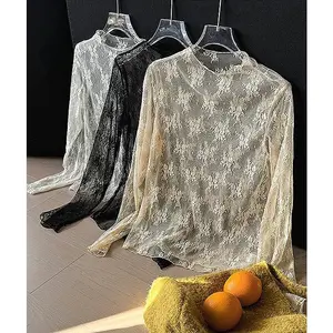 Four Season Lace Base Top Shirt Black Skin Friendly Soft Floral Embroidered Top for Women