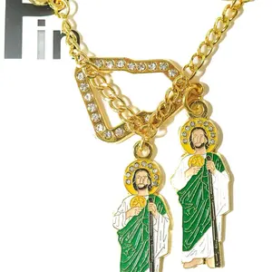San Judas Pin - Gold Chain with Green and White Enamel Design, Featuring Jesus and Saint Judas Figures