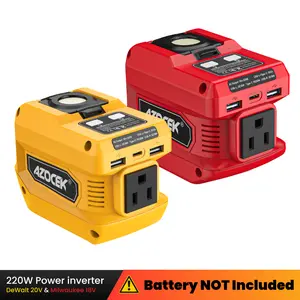 Azocek 220W Power Inverter for Milwaukee 18V & DeWalt 20V Batteries, DC to AC 110V Portable Power Station with 1 AC Outlet, 2 USB Ports, 1 Type-C PD Fast Charging & 400LM LED Work Light [Battery Not Included]