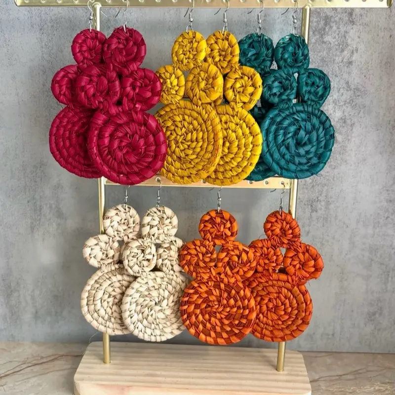 48/BODY SHAPE: Handcrafted Raffia Leaf Woven Statement Earrings, Naturally Dyed, Hypoallergenic, Skin Irritation-Free .