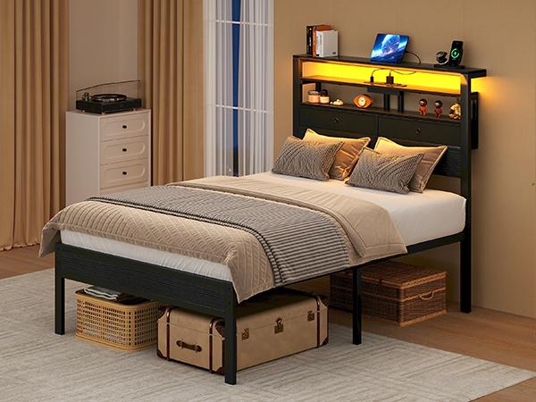 Bed Frames with Charging Station and LED Lights, Wood Headboard with 2 Fabric Drawers and Storage Shelves, Twin Size Platform Bed with Metal Slats, No Box Spring Needed Bed Frames with Charging Station and LED Lights, Wood Headboard with 2 Fabric Drawers and Storage Shelves, Twin Size Platform Bed with Metal Slats, No Box Spring Needed